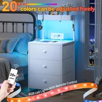 Tall Nightstand Set of 2 with Charging Station and Led Lights Nightstand with 3 Drawers and Shelves Bedside Table with Ports an 4