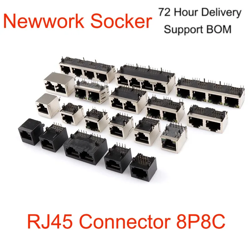 

RJ45 Connector Newwork Interface 8P8C Crystal Head Newwork Socket with Shielding Lights RJ45 Socket PCB Ethernet 90 Degrees