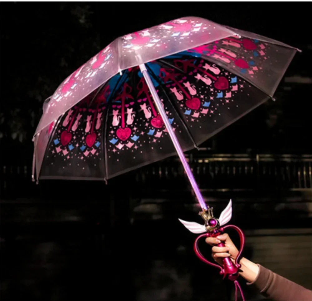 Sailor Magic Moon Stick Umbrella Rain Gear Transparent Sailormoon Paraguas for Women Girls Kids Gift Luminous Umbrella