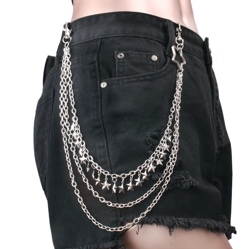 Hip Hop Punk Pentagram Biker Jeans Link Pants Keychain Women Belt Key Chain Three Layers Trousers Waist Chain Female Jewelry