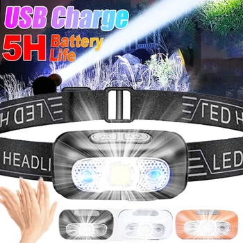 USB 충전식 미니 LED 밝은 헤드라이트, 센서 헤드 램프, 바디 모션 센서, 야외 헤드 장착, 방수 캠핑 손전등