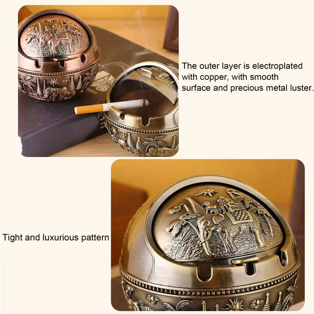 Portable Ashtray Windproof Ash Tray Vintage Zinc Alloy Flower Pattern Globe-Cigarette Ashtray Lid-Tabletop