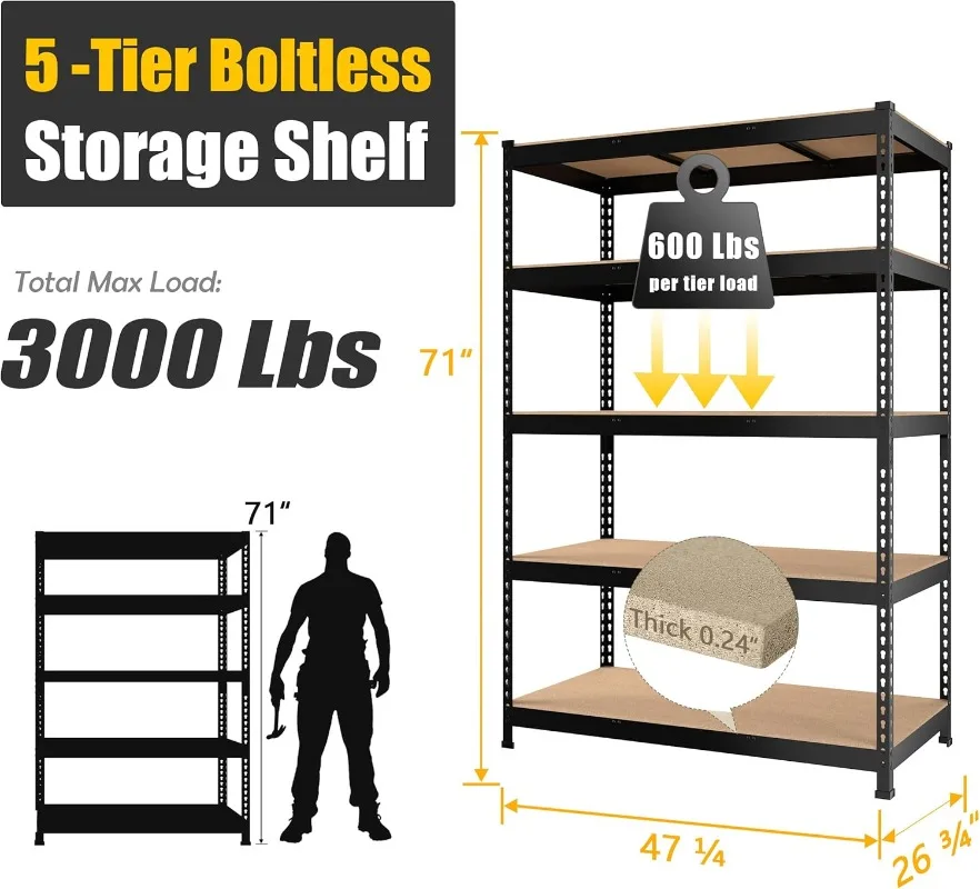 47" W x 23.6" D x 71" H Large Heavy Duty Storage Shelves 4 Pack 5 Tier Adjustable Garage Storage Shelving Metal Storage Black 3