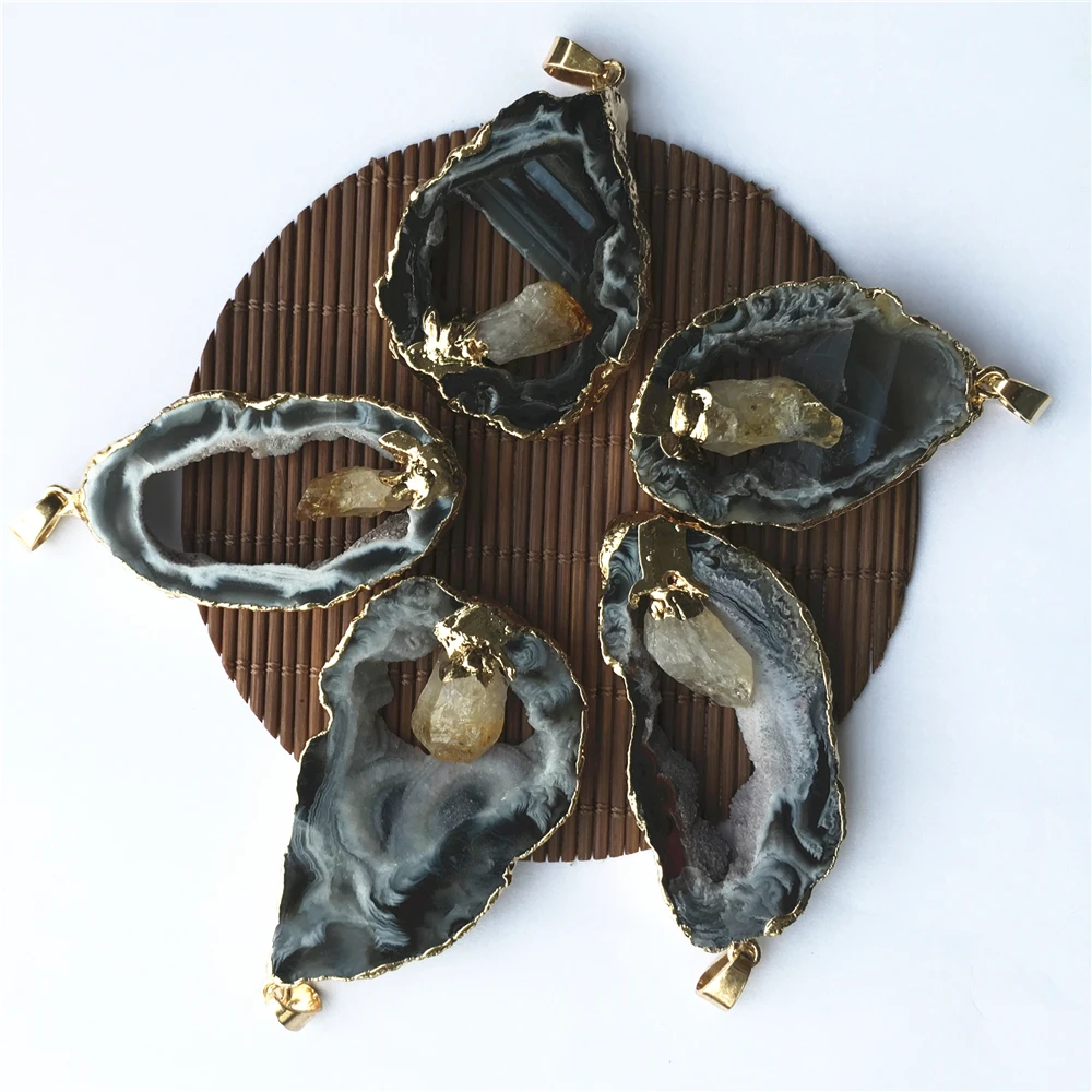 Wholesale 4PCS Geode Agates Slice Pendants Inlaid Natural Citrines Point Irregular Shape Stone Elegant Quartzs Jewelry Making