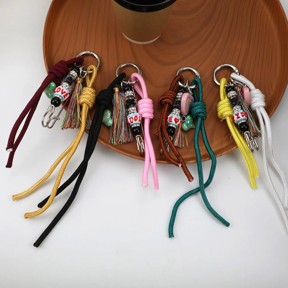 2024 New Woven Rope Keychain Bag Decoration Hanging Keychain Korean Style Acrylic Bead Heart Tassel Phone Case Bag Charms Y2k