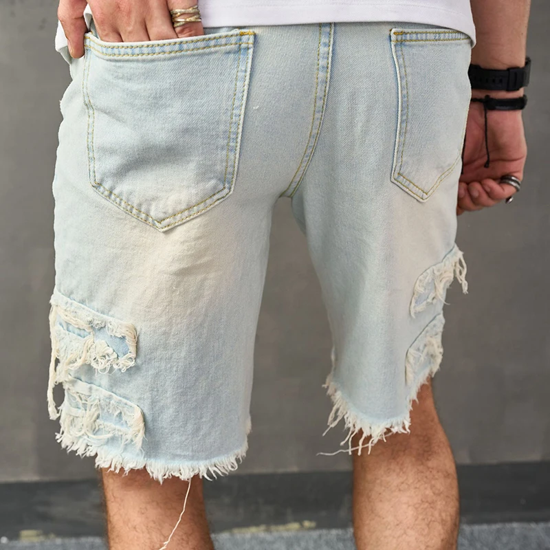 Y2K Style Ripped Design Mens Denim Shorts Summer Trendy Solid Color Slim Fit Jean Shorts Men Vintage Straight Denim Short Pant