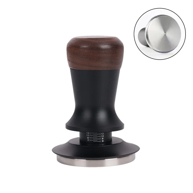 Adjustable Constant Force Espresso Coffee Tamper with Walnut Handle and Stainless Steel Base