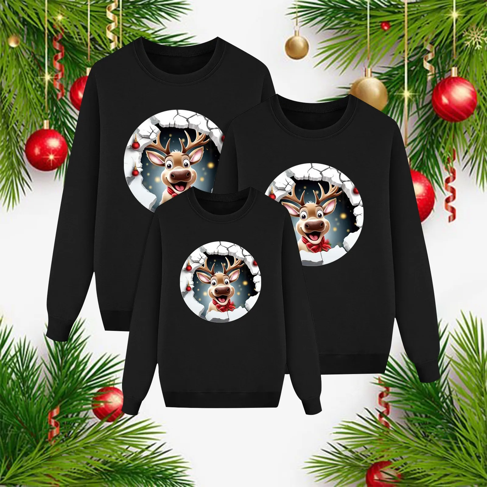 thumbnail image 1 of Suéter familiar con estampado de ciervos navideños, conjunto informal a juego con dibujos animados para toda la familia, ropa de estar en casa de color sólido, sudadera para padres e hijos, 1 of 5