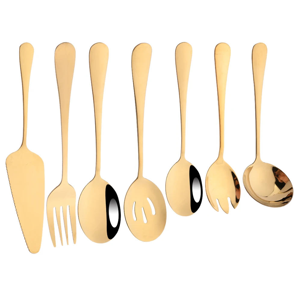 7Pcs Gold Stainless Steel Dinnerware Set Soup Spoon Colander Spoon Service Salad Fork Cake Spatula Kitchen Home Tableware picnic cutlery set western style cutlery set camping cutlery set stainless steel cutlery set cutlery set