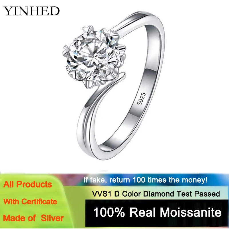 

YINHED Real 925 Sterling Silver GRA 1.0CT D Color Moissanite Rings for Women Snow Diamond Twisted Arm Engagement Wedding Ring