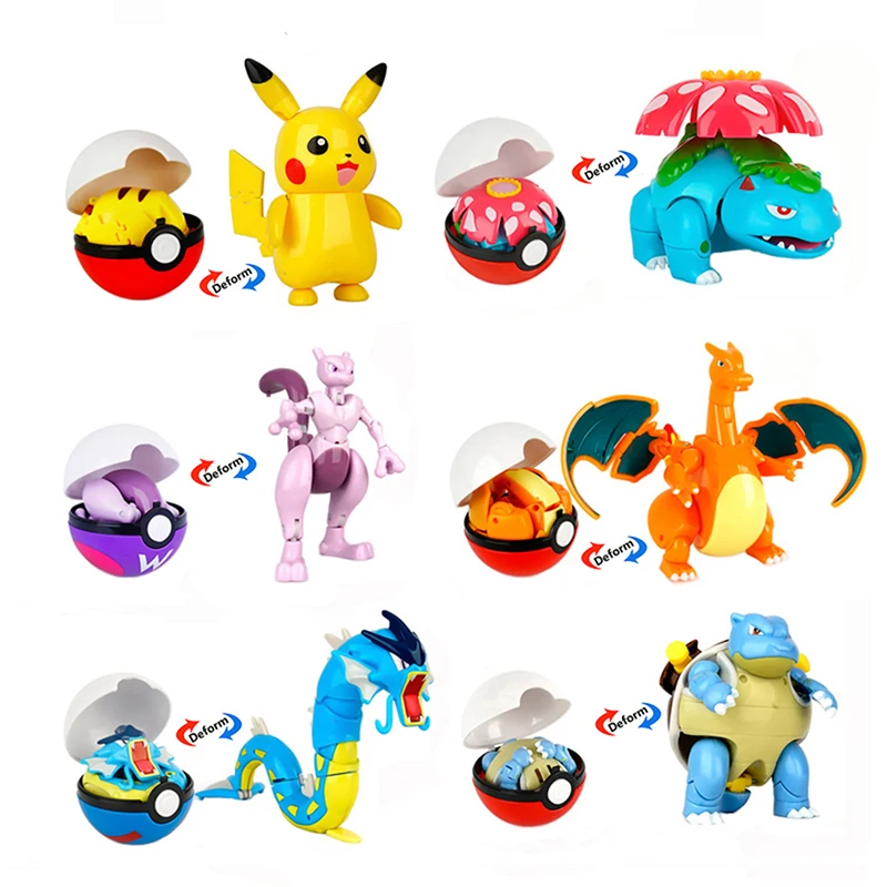 High Quality Pokemon Ball Deformation Toy Pikachu Mewtwo Gyarados Pocket Monster Pokeball Pokemon Action Figure Children Toy Gif