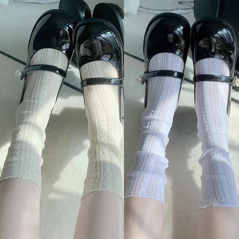 Summer Fashion White Lace Pile Socks for Women Girls Mesh Hollowed Out Thin Nylon Breathable Sock Solid Color High Quality Socks