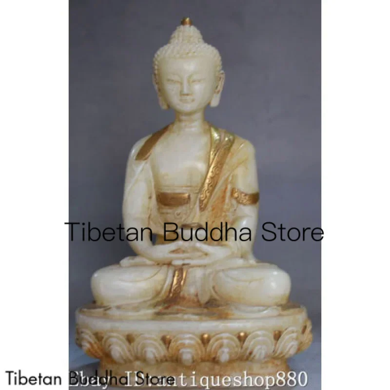 

8" China Natural Old Jade Gilt Pot Shakyamuni Sakyamuni Tathagata Buddha Statue