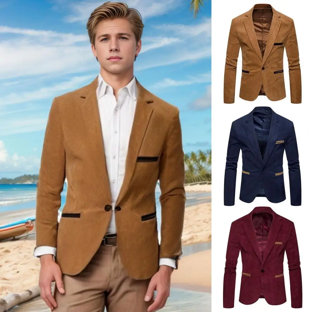 Men Formal Suit Coat Men's Corduroy Suit Coat with Lapel Patchwork Detail Single Button Business Outwear Jacket with for Men