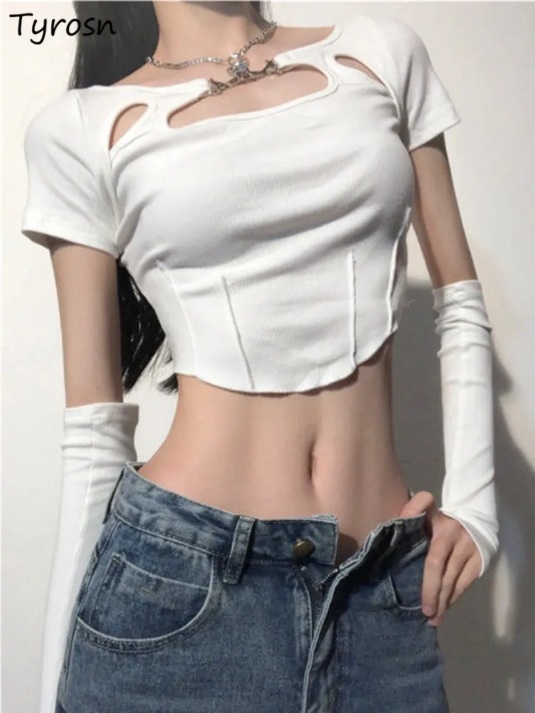

T-shirts Women Hollow Out Design Solid Simple Summer Slim Leisure Sexy Fashion All-match Classic Daily Ladies Korean Style Tops