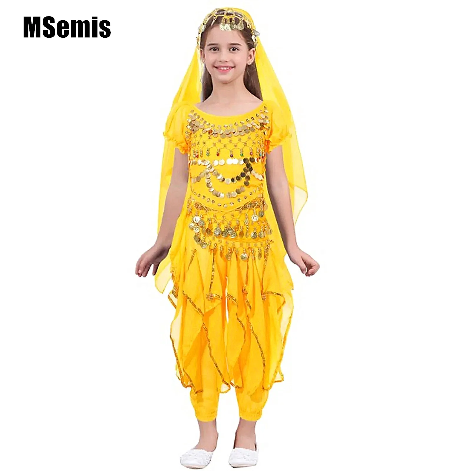 

Kid Girls Belly Dance Outfit Lace-up Back Puff Sleeve Crop Top Ruffled Pants Hip Scarf Headscarf Performance