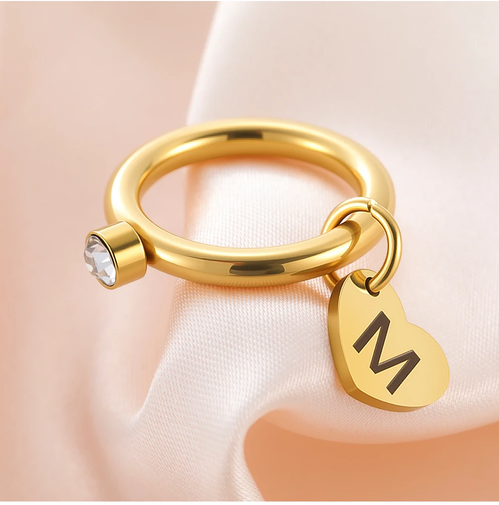 COOLTIME Personalisierter Edelstahlring, personalisierter Buchstabe, Nummer und Symbole, Liebesherz-Anhängerring mit Zirkon, Schmuck, Geschenk für Sie – Detail 9