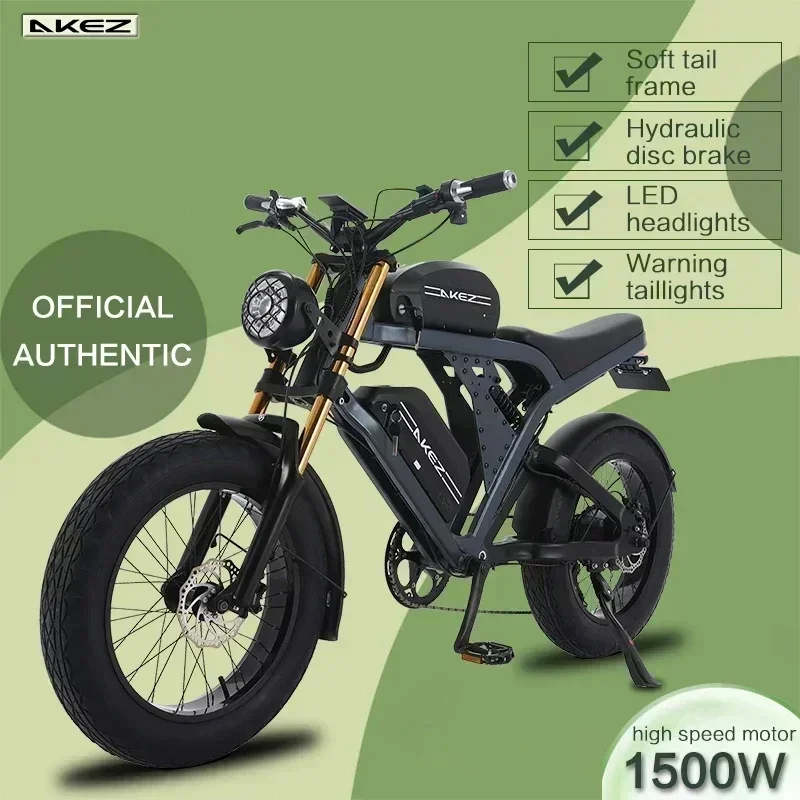 Ebike AKEZ Dual Battery Mountain Electric Bike, Urban Off-Road E-Bike, Snow fatbike, 1500W, 48V, 41Ah, 20 "Tire, 55 km/h