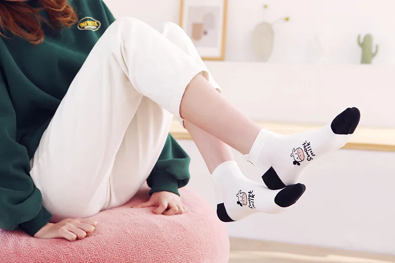 5 Pairs Spring Summer Thin Fashion Women Sock Cartoon Cow Harajuku Kawaii Cute Girl Happy Funny Boat Socks