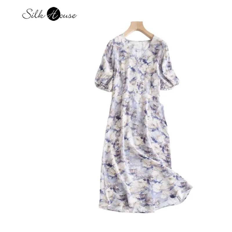 

French Elegance 100% Natural Mulberry Silk Crepe De Chine V-neck Bubble Sleeves Fishtail Skirt Hem Women's Casual Print Dress