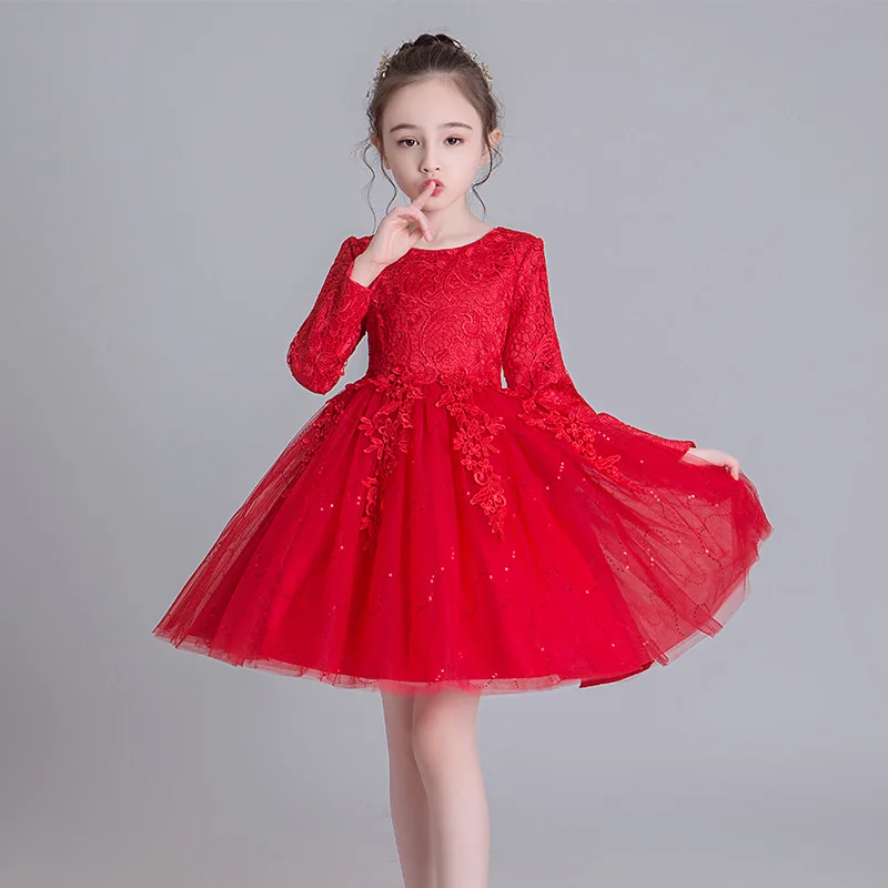 

Kids 10 to 12 Years Old Flower Girl Wedding Ceremonial Dress for Eid Junina Party Children's Long Sleeve Lace Red Winter Clothes