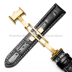 Premium Cowhide Leather Watch Strap with Butterfly Double Push Buckle - Multiple Widths Available - 22mm (Black - Gold)