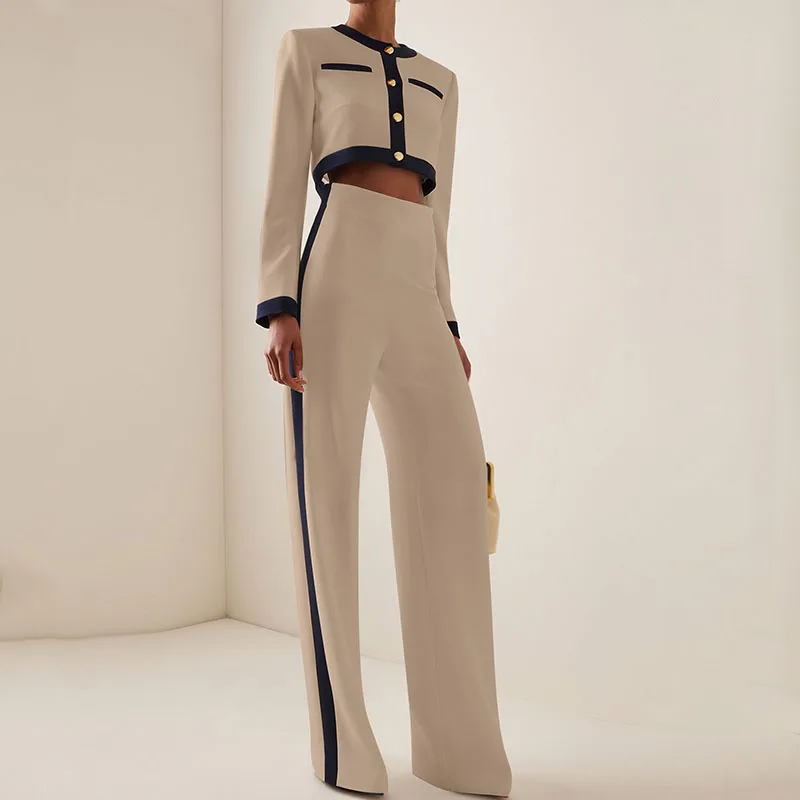 

Commuter Lady Elegant Straight 2pcs Sets Spring Long-sleeved Crop Top and High Waist Women Set Summer O-neck Button Leisure Suit