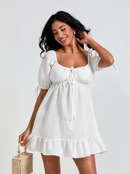 Maternity Plaid Dress with Puff Sleeves and Sweetheart Neckline Ruffled Hem Loose Fit Short Length - Pregnancy Fashion 3