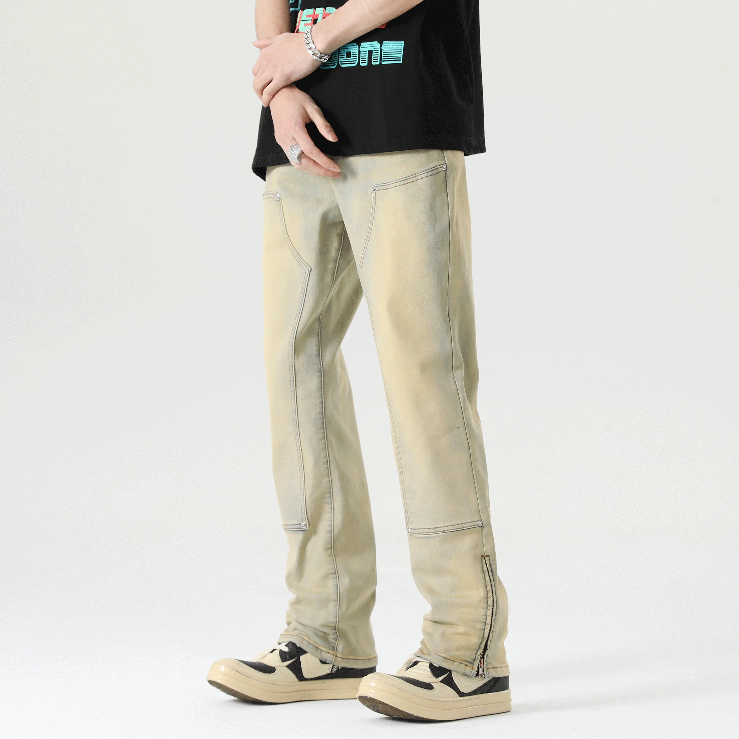

Multi-colored Leg Zipper Logging Jeans Stretch Loose Straight Leg Pants High Street
