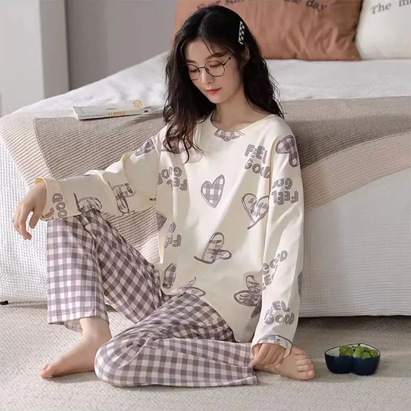 SUO&CHAO 2023 New Pajamas Set For Womens Sleep Wear Lobg Sleeve Rund Neck Tops Long Pants Loose Casual Print Pyjamas Homewear