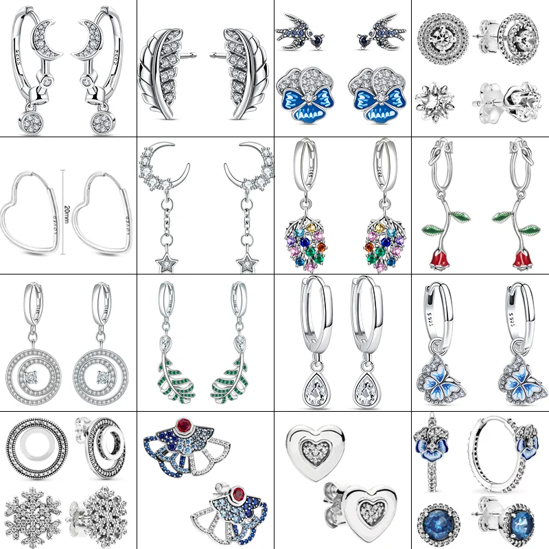 Orecchini Da Donna Nuova Collezione Blue Pansy Flower Studs Moon Sparkling Curved Feather 925 Sterling Silver Fine Gioielli Con Ciondoli Fai Da Te