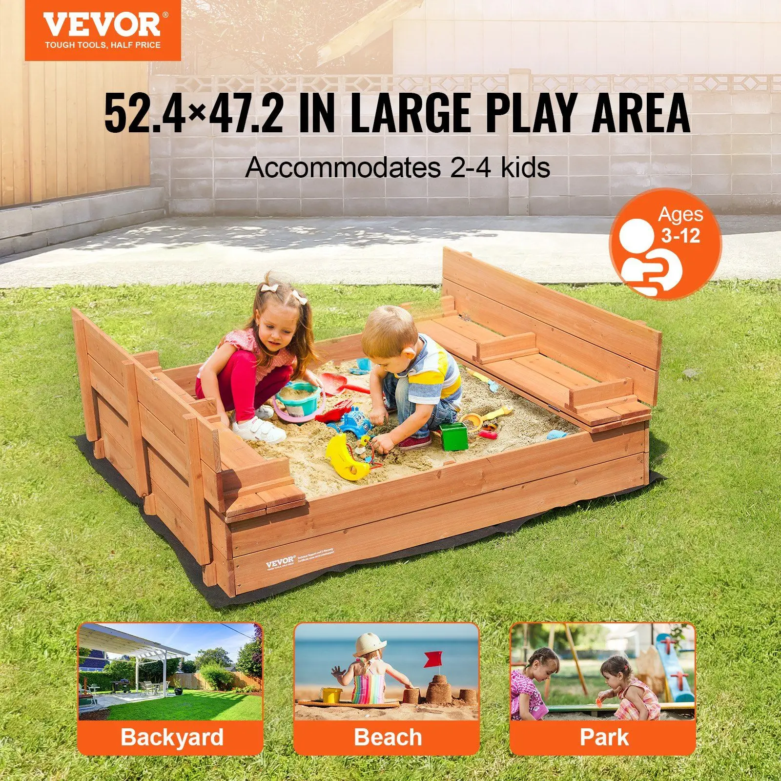 Wooden Sandbox, 52.4 x 47.2 x 16.9 in Sand Box, Sand Pit with Foldable Bench Seats and Bottom Liner, Natural Wood Kids Sandbox 2