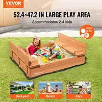 Wooden Sandbox, 52.4 x 47.2 x 16.9 in Sand Box, Sand Pit with Foldable Bench Seats and Bottom Liner, Natural Wood Kids Sandbox 2