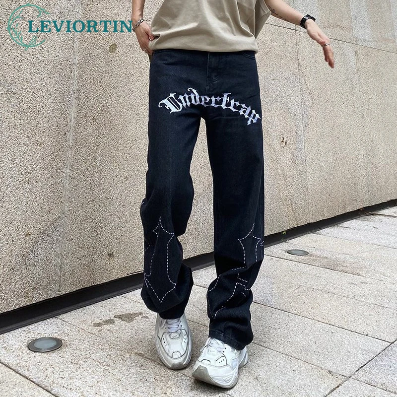 Y2k Hip Hop Mens Black Streetwear Harajuku Letter Print Wide Leg