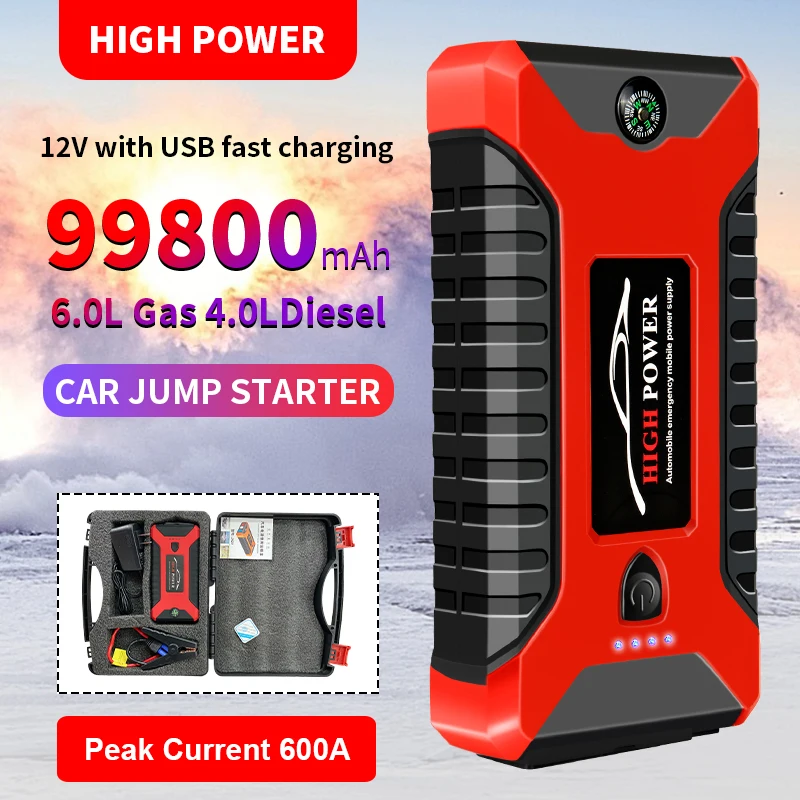 

99800mAh Car Jump Starter Power Bank 2022 Portable Cars Booster Battery Starting Device 600A For 12V Petrol Diesel Vehicle