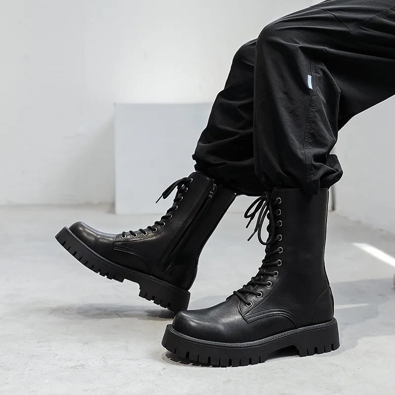 mens fashion motorcycle boots party nightclub dress black genuine leather shoes high top cowboy boot long