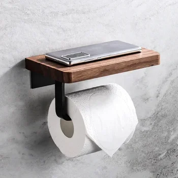 Porte-papier hygiénique en bois, support mural pour salle de bains, support pour téléphone, étagère de rangement pour rouleau de serviettes, accessoires 1