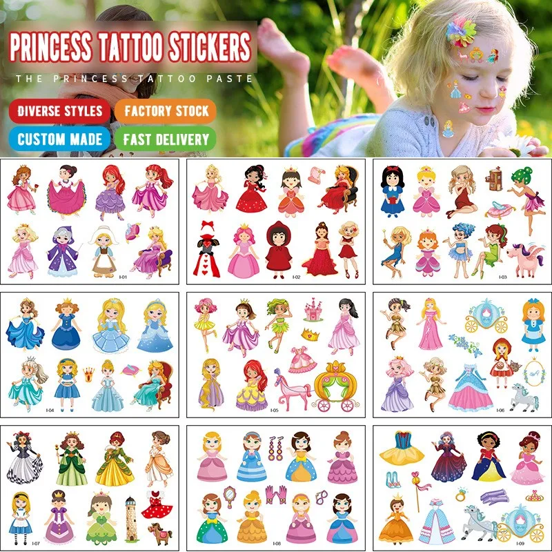 

12Pcs Waterproof Kids Cartoon Tattoo Stickers Boy Girl Stickers Tattoo Princess Fairy Tale Cute Cartoon