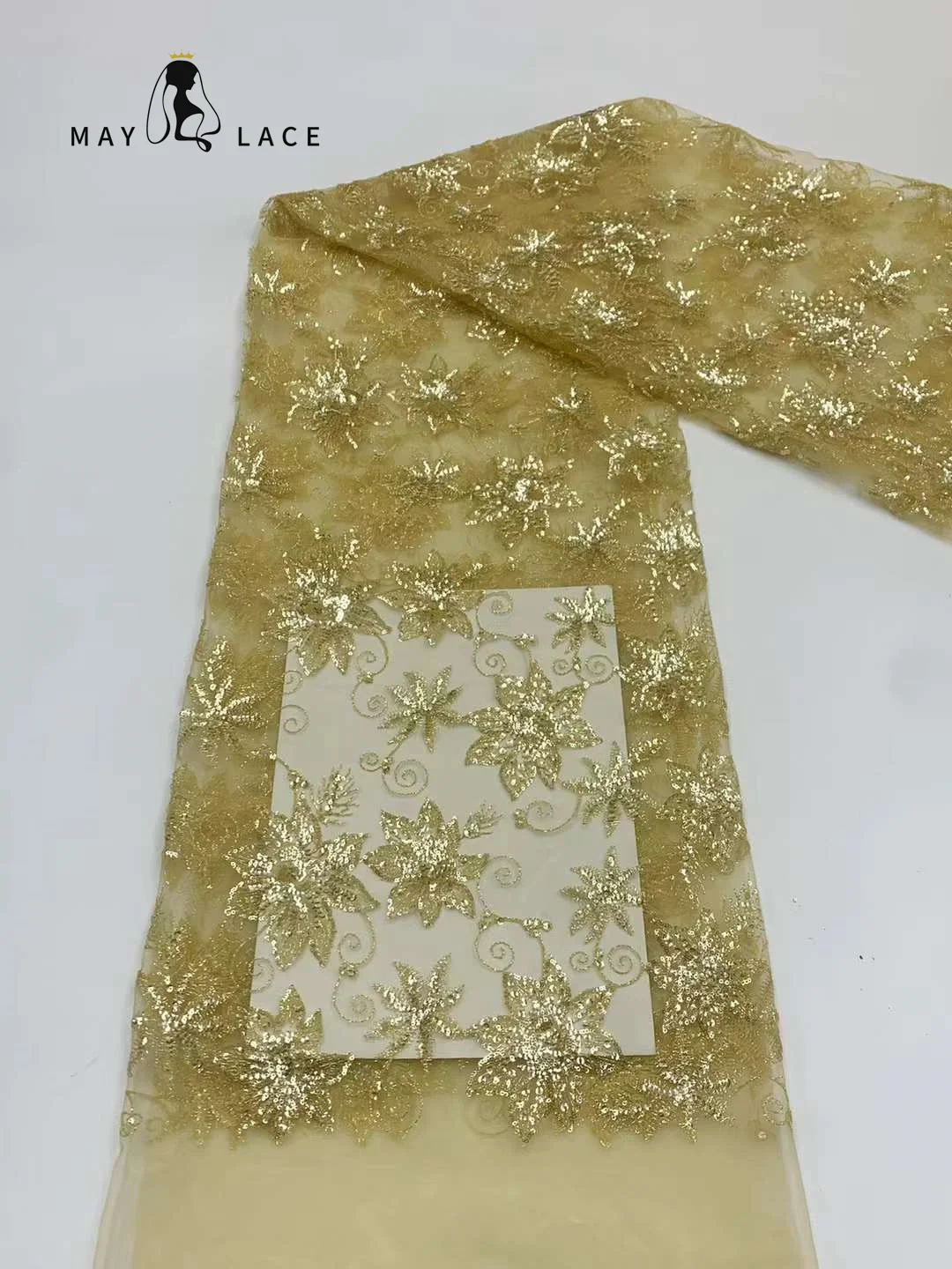 

May Lace Sequins African Lace Fabric 2023 High Quality Lace 5 Yards Nigerian French Sequins Lace Fabric For Wedding Party Dress
