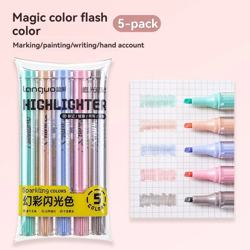 5PCS 소프트 라이트 눈 보호 형광펜 모란디 마카롱 마킹 드로잉 필기 노트 미세 플래시 마킹펜