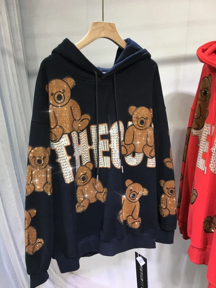 

High Quality Thicken Fleece Women Sweatshirts Shiny Bears Hot Drilling Hooded Pullovers Oversize Mid-long Loose Diamonds Hoodies