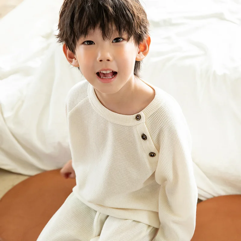 

2023 Autumn Children Waffle Outfits Winter Buttons Sweatshirt+Pants Solid Clothes Sets Cotton Casual Pajamas Kids Children Suits