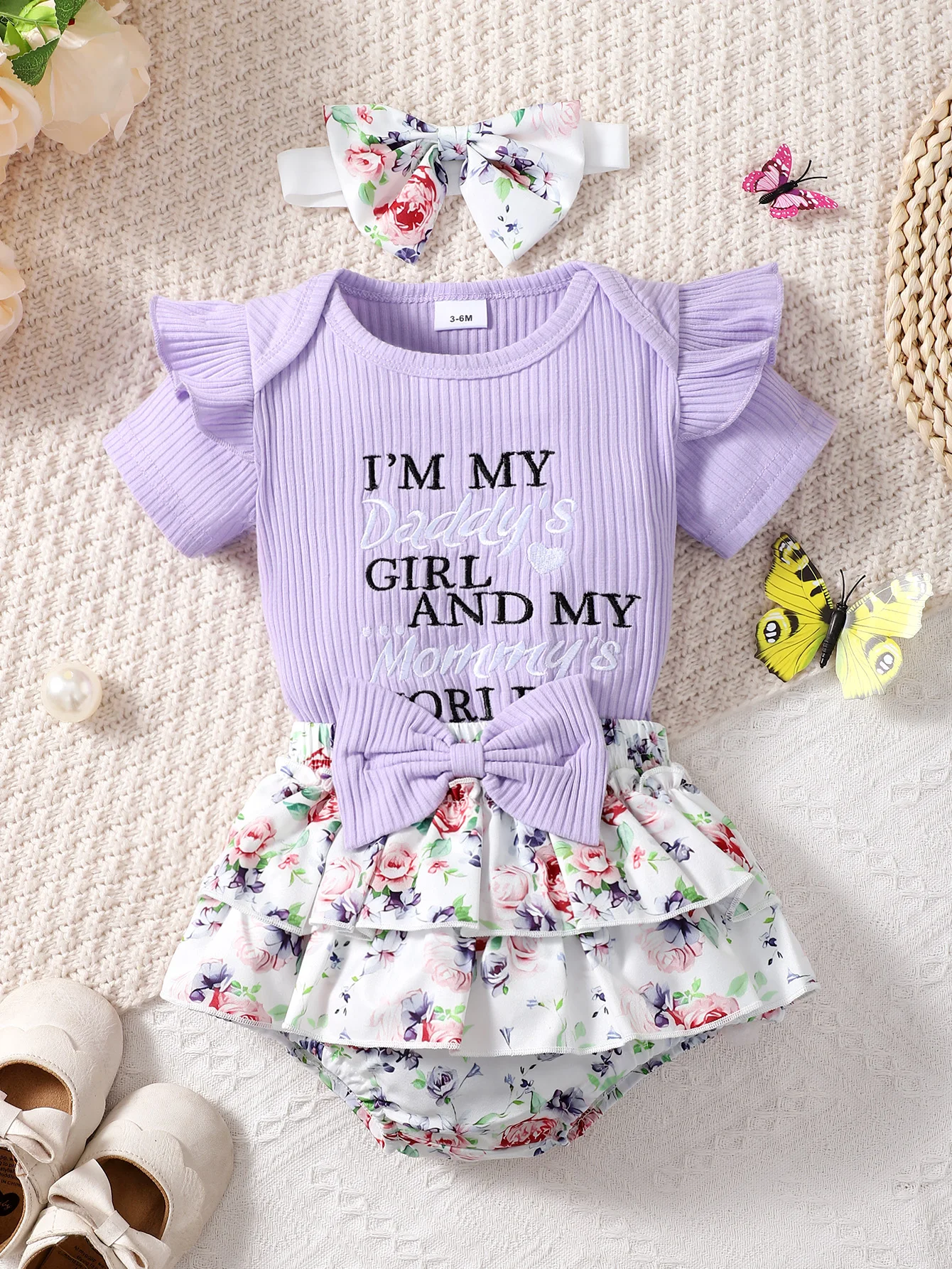 

Комплект из 3 предметов для маленьких девочек, комбинезон с короткими рукавами и принтом алфавита, с оборками и треугольными шортами, летняя одежда для младенцев