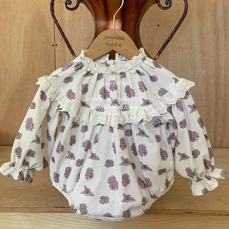 

2024 New Spring Toddler Baby Girl Romper Long Sleeved Corduroy Floral Printing Newborn Baby Girl Jumpsuit 0-24M Baby Clothing