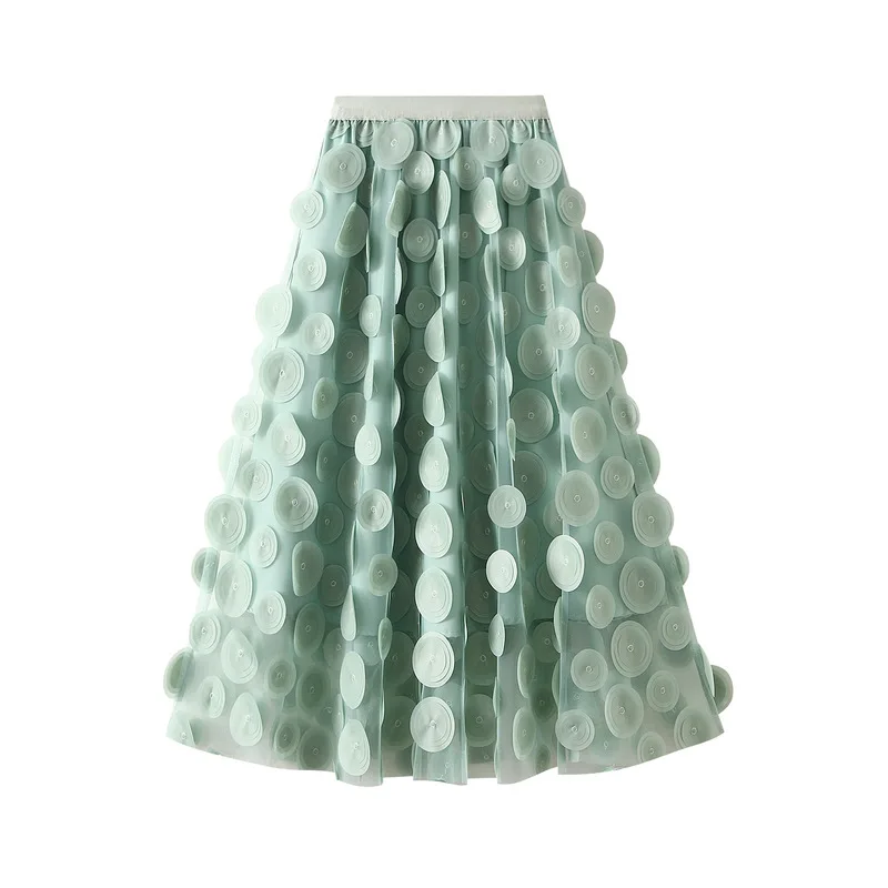 

Candy Embroidered Dotted A-line Gauze Long Skirts Fluffy 3D Circles Appliqued Calf Long Skirts Rosy Mint Coffee Blue