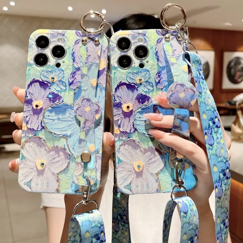 Crossbody Strap Case Samsung Galaxy S24 Ultra S21 FE S22 Plus Note 20 S23 FE Blue Ray Rhinestone Oil Painting Flower Cover phone case