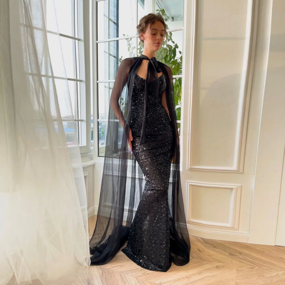 

Shiyicey 2024 Simple Ball-Gown Marmiad Squins Black Floor-length Shawl V-neck Long Prom Dresses Elegant Woman Evening Gowns