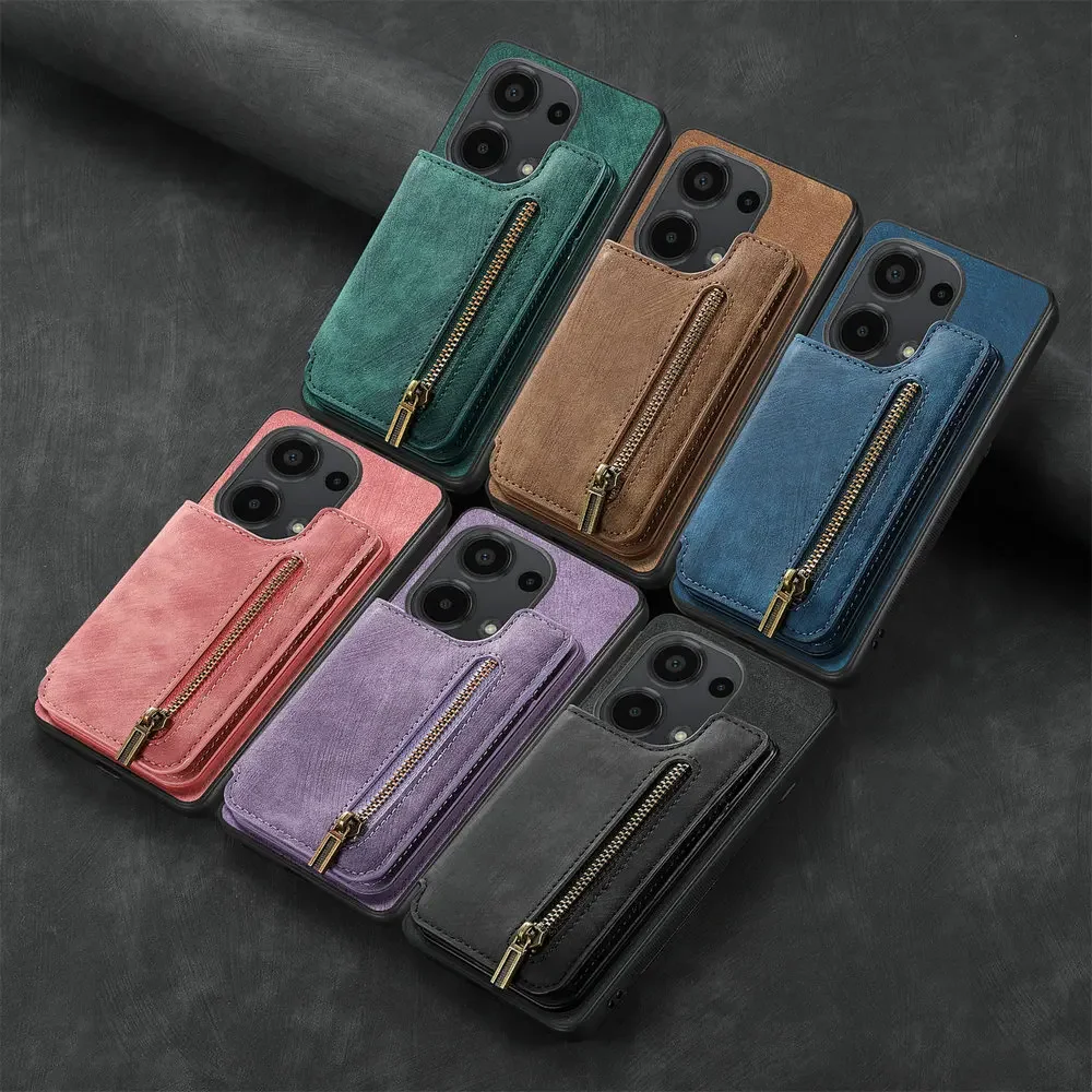 Zipper Leather Wallet Case with Card Holder and Back Cover