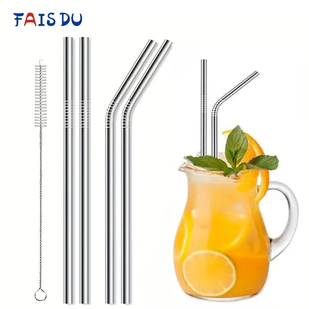 Durable Stainless Steel Reusable Metal Straws with Cleaning Brush for Milkshakes, Bubble Tea, and Smoothies