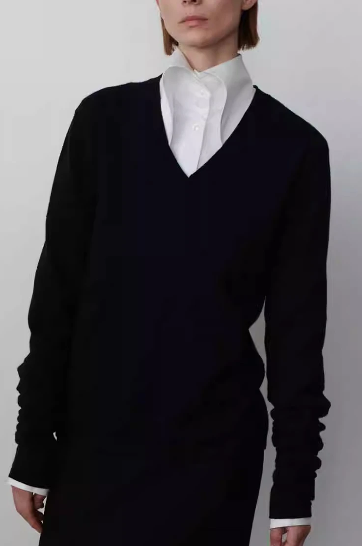 

Designer Knit Sweater Wool Sweater Minimalist Black V-neck Extra Long Pile Sleeve Women's Top 2023 Stylish Comfort Warmth